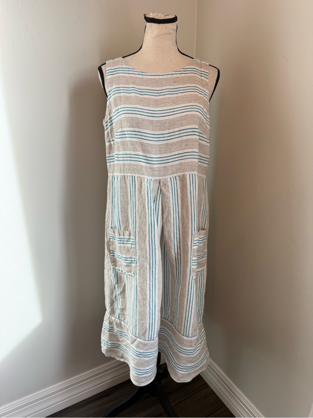 J Jill Love Linen 100% Linen Stripe Dress Small Blue Brown Sleeveless Pockets